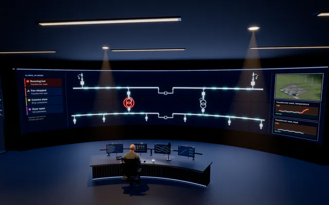 A control room at night: an operator at the desk facing a video wall with the single-line diagram and a sorted alarm list.