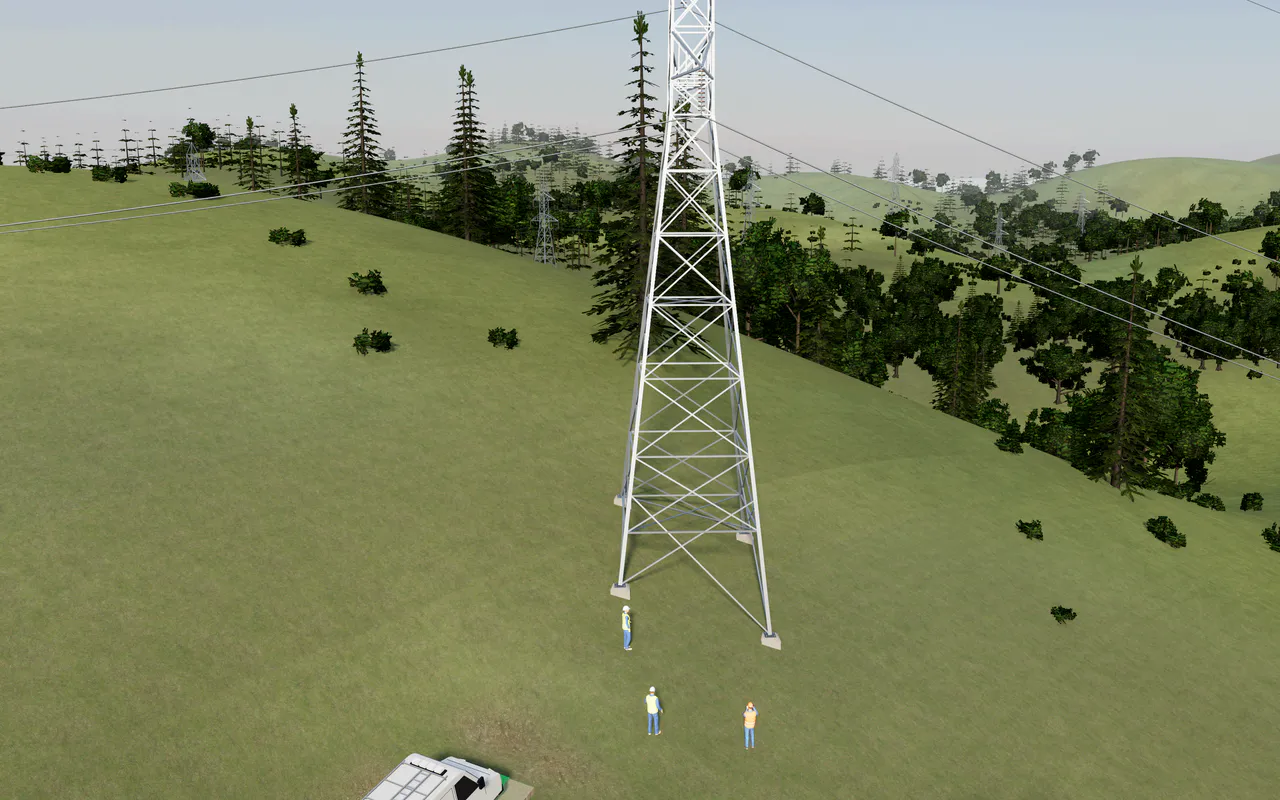 A line crew's vehicle at a lattice tower on a wooded hill.