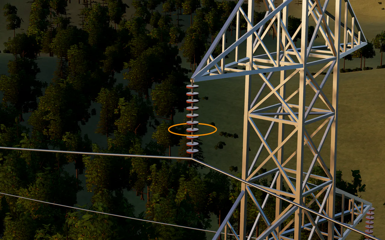 The drone's camera view of a lattice tower on the hill, seen at an angle from beside the line, with one worn insulator string marked.