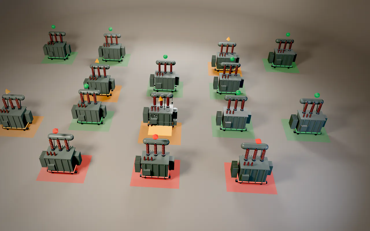 A fleet board: rows of transformers standing on pads coloured by health, green, amber and red, with the red ones at the front.