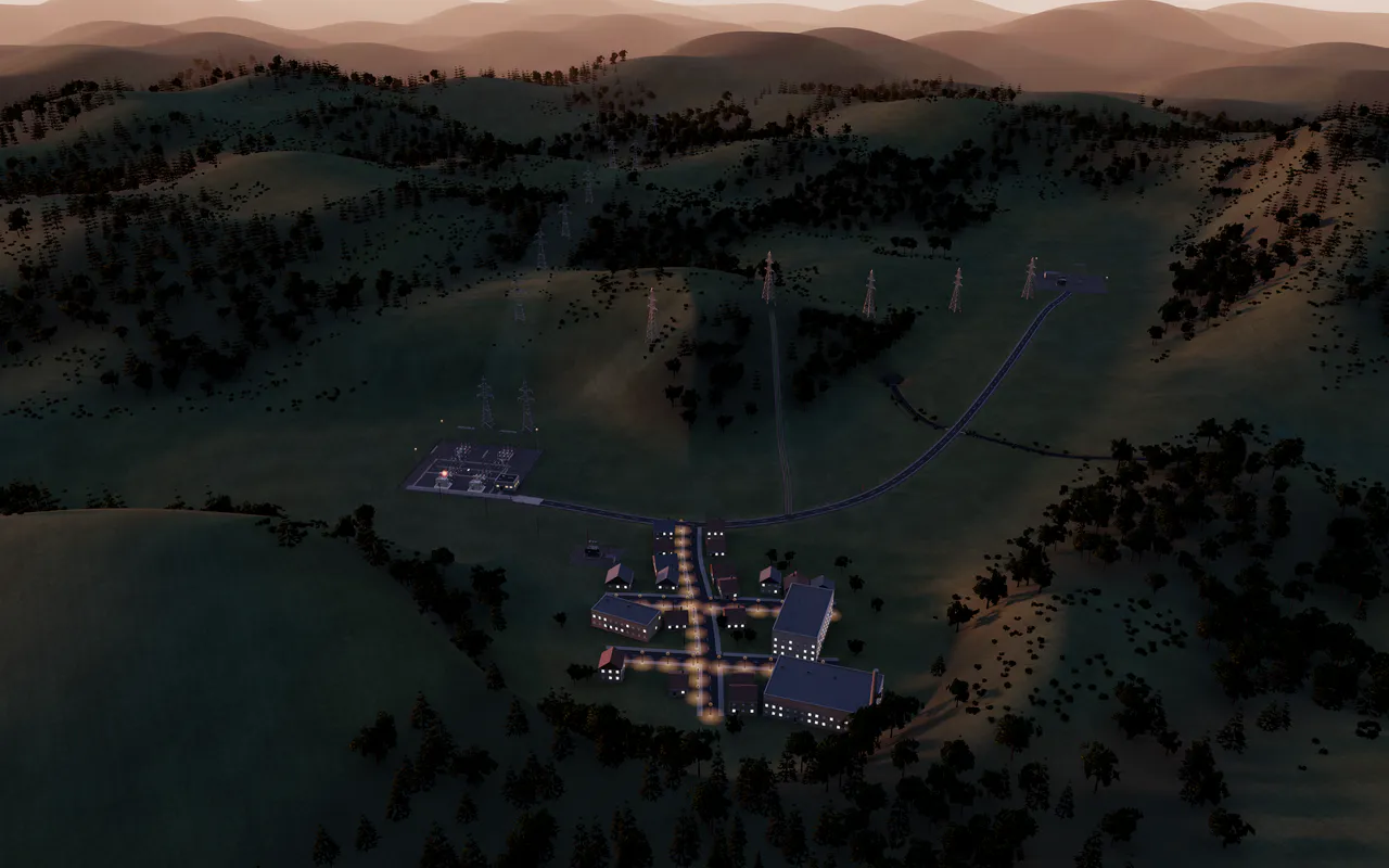 A valley power network at dusk: substations, lines over forested hills and the lights of a small town.