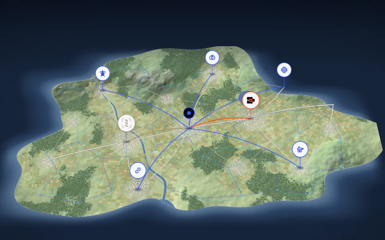 A regional map with GENESYS at the centre, connected to GENE, JUMPHASH and partner types around it: utilities, technology, robotics, integration and ventures.