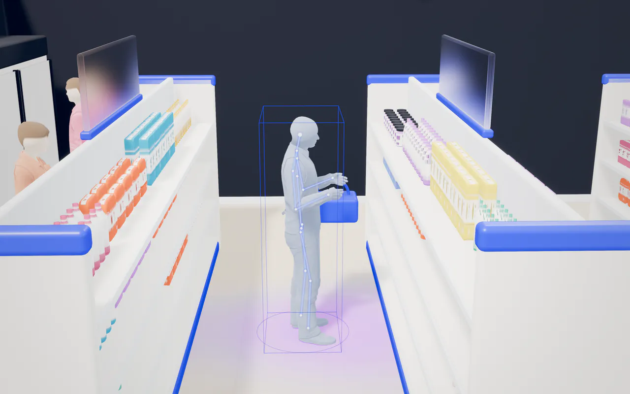 A shopper in a store aisle shown as a plain, faceless figure with a skeleton outline and a tracking box.