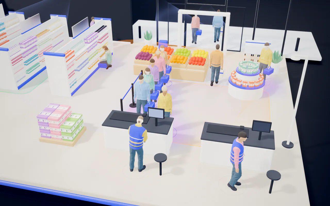 Shoppers queuing at one till while the second till stands closed, under the checkout camera.