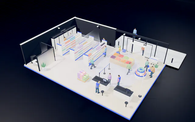 A store seen from above: the doors, aisles, produce, promo island and tills, with the cameras on the ceiling.