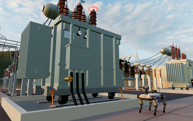 A four-legged inspection robot beside a transformer in a substation yard.