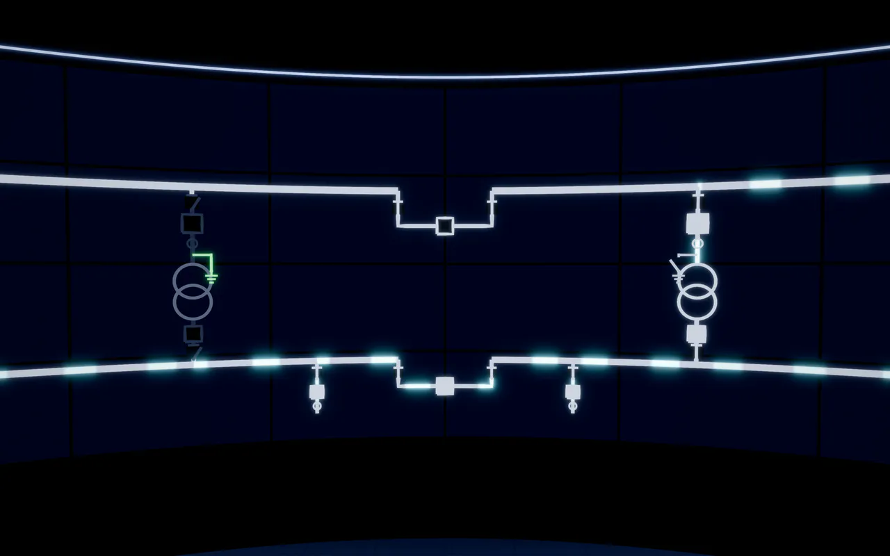 The single-line diagram on the control-room wall during switching: two transformers, the bus tie carrying the load across, an open earthing switch and the hospital feeder still supplied.