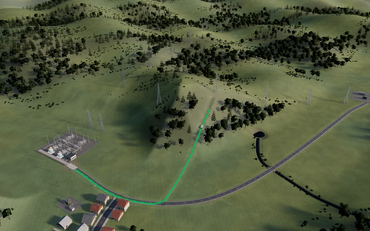 A crew's route from the main substation, along a road and up a steep track through the forest, to a tower on the hill.