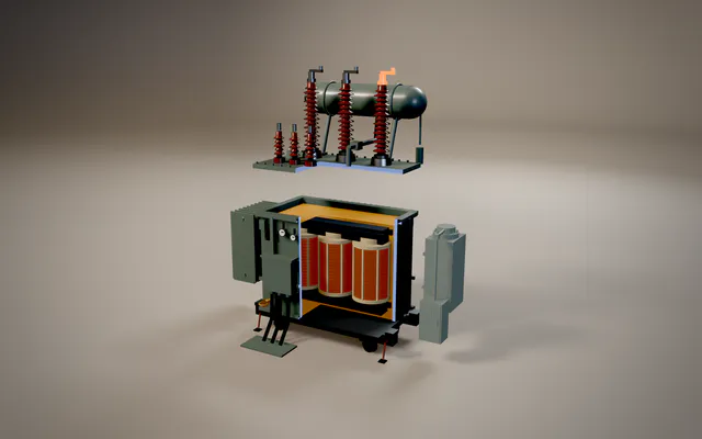 A power transformer opened up to show the parts that age: bushings, windings, oil and the tap changer.